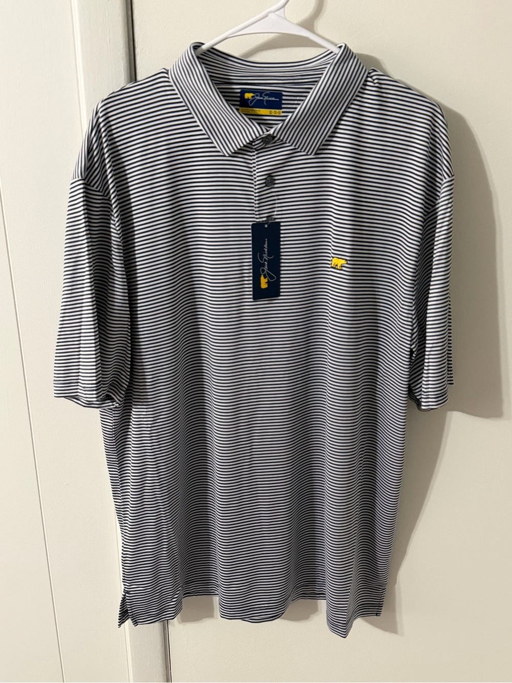 Jack Nicklaus Navy & White Striped Polo Shirt Yellow Logo | NWT | Size XL